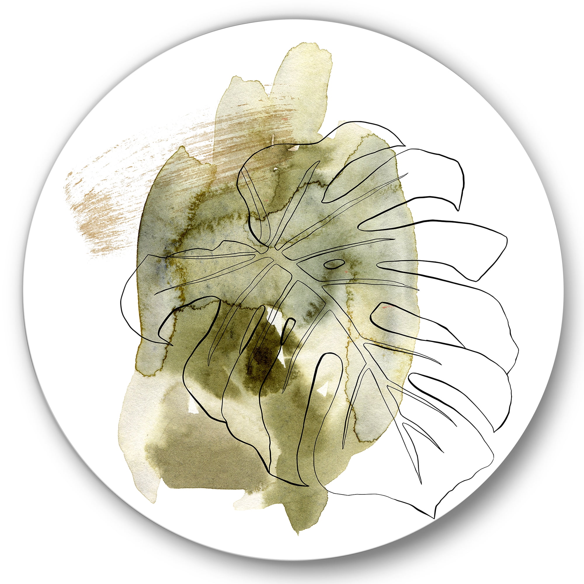 Designart 'Line Art Monstera Branch Tropical Abstract Leaves on Green' Traditional Circle Metal Wall Art 36x36 - Disc of 36