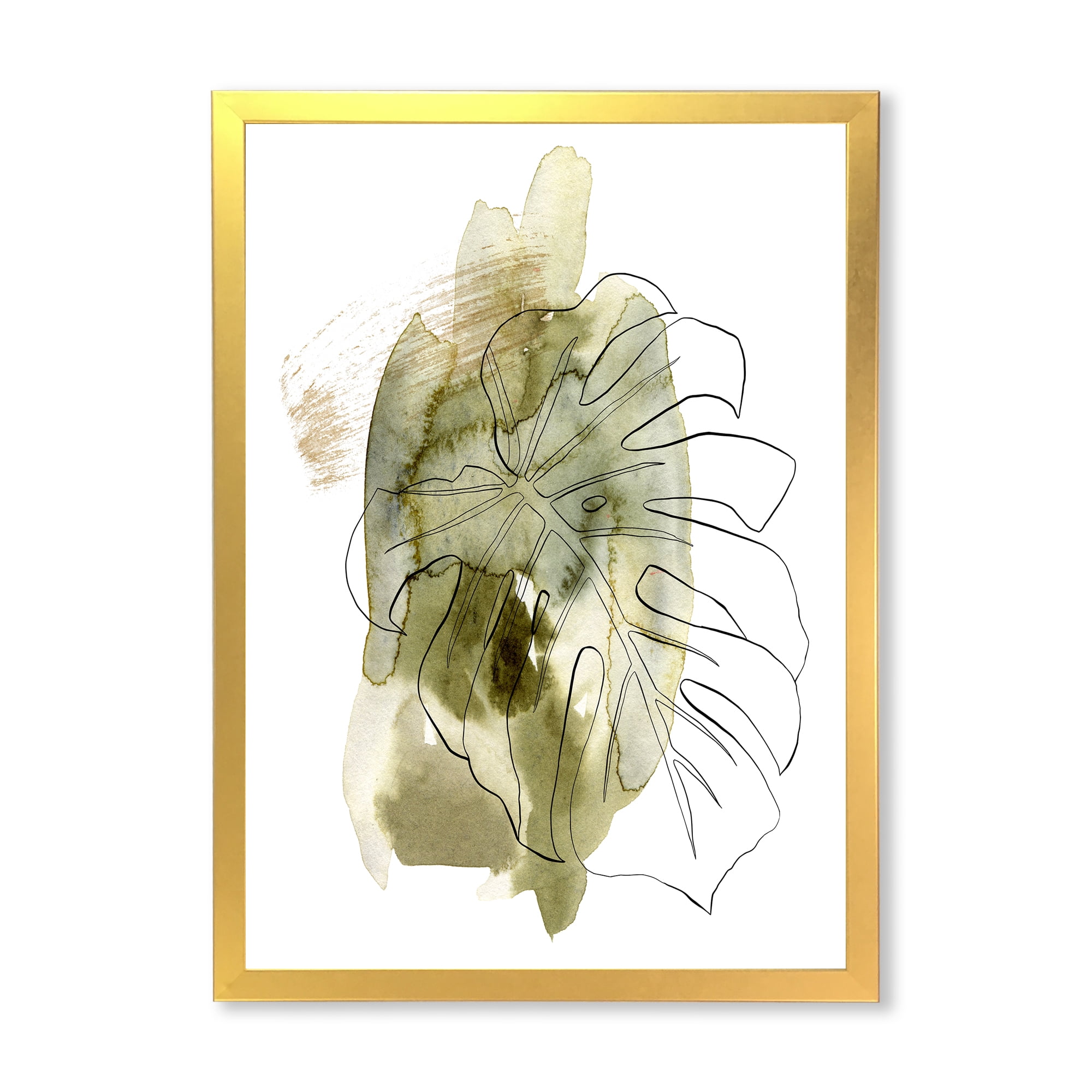 Designart 'Line Art Monstera Branch Tropical Abstract Leaves on Green' Traditional Framed Art Print