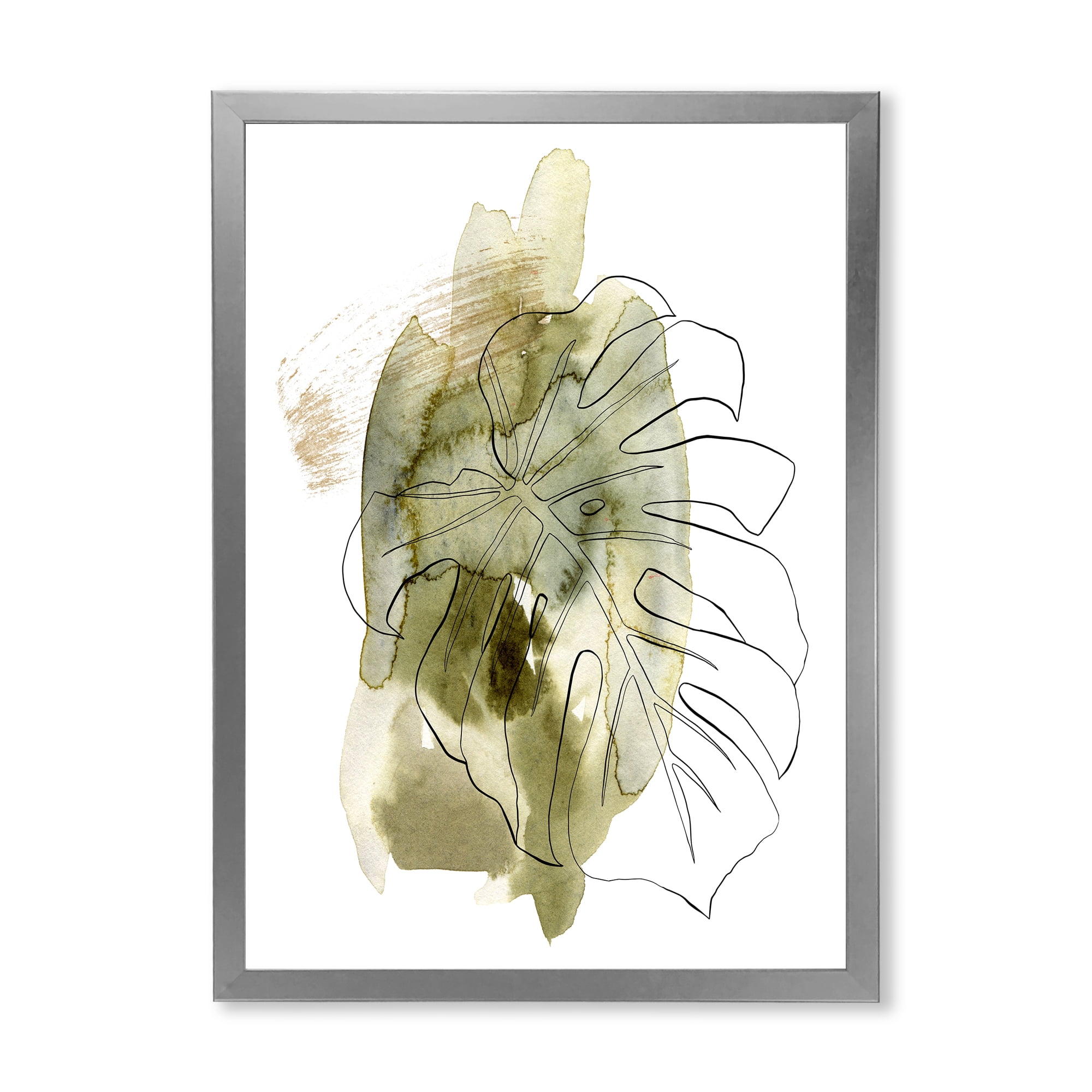 Designart 'Line Art Monstera Branch Tropical Abstract Leaves on Green' Traditional Framed Art Print