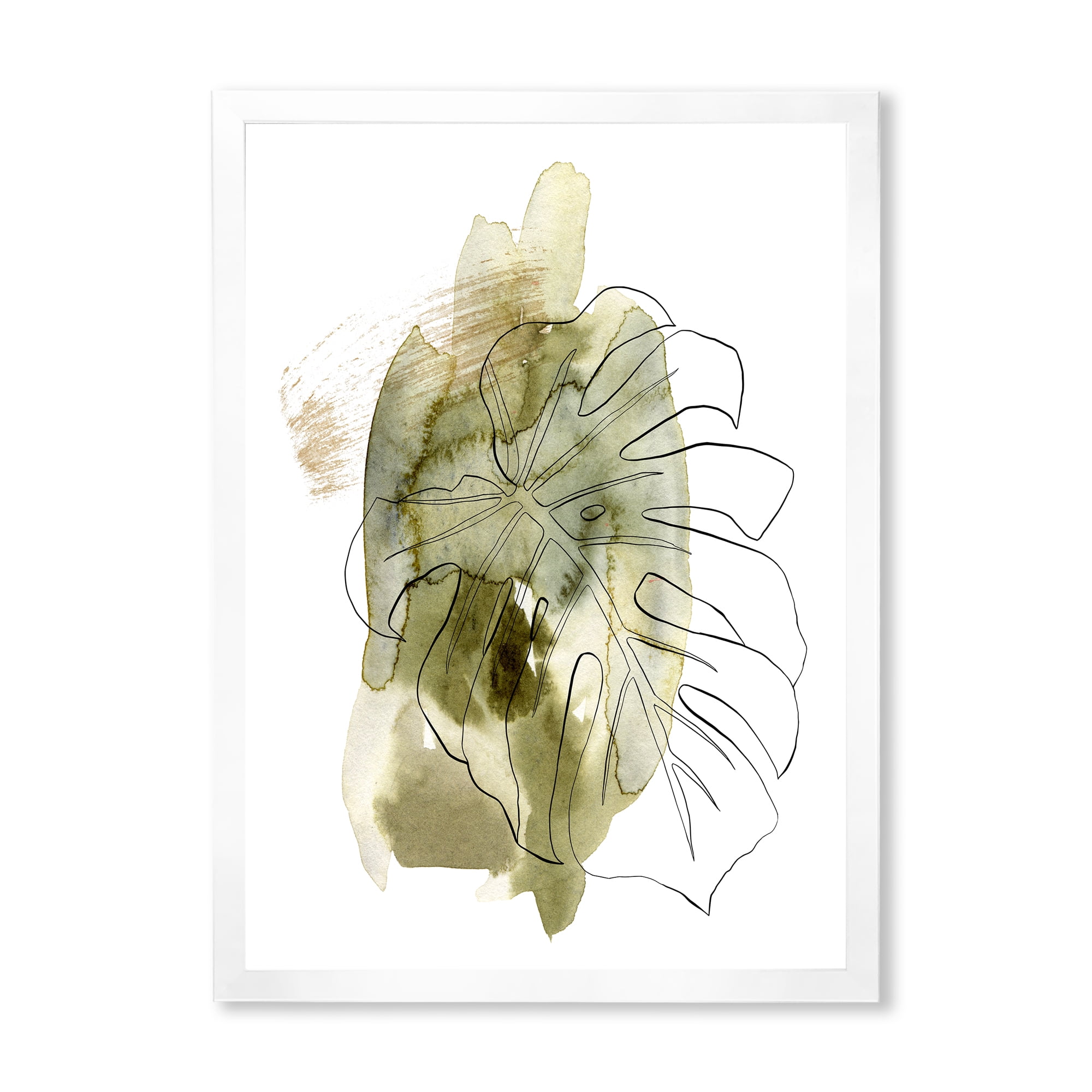 Designart 'Line Art Monstera Branch Tropical Abstract Leaves on Green' Traditional Framed Art Print