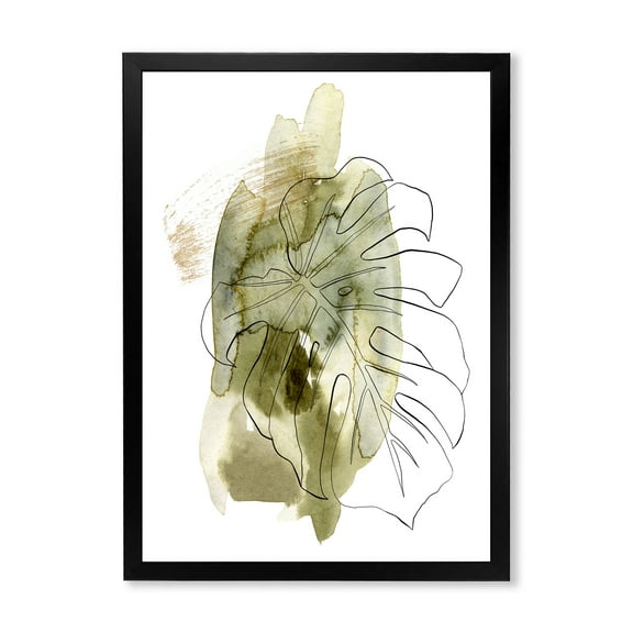 Designart 'Line Art Monstera Branch Tropical Abstract Leaves on Green' Traditional Framed Art Print