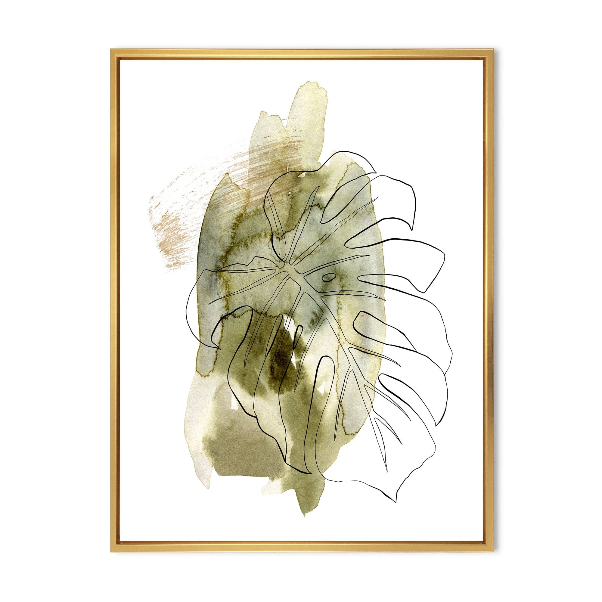 Designart 'Line Art Monstera Branch Tropical Abstract Leaves on Green' Traditional Framed Canvas Wall Art Print