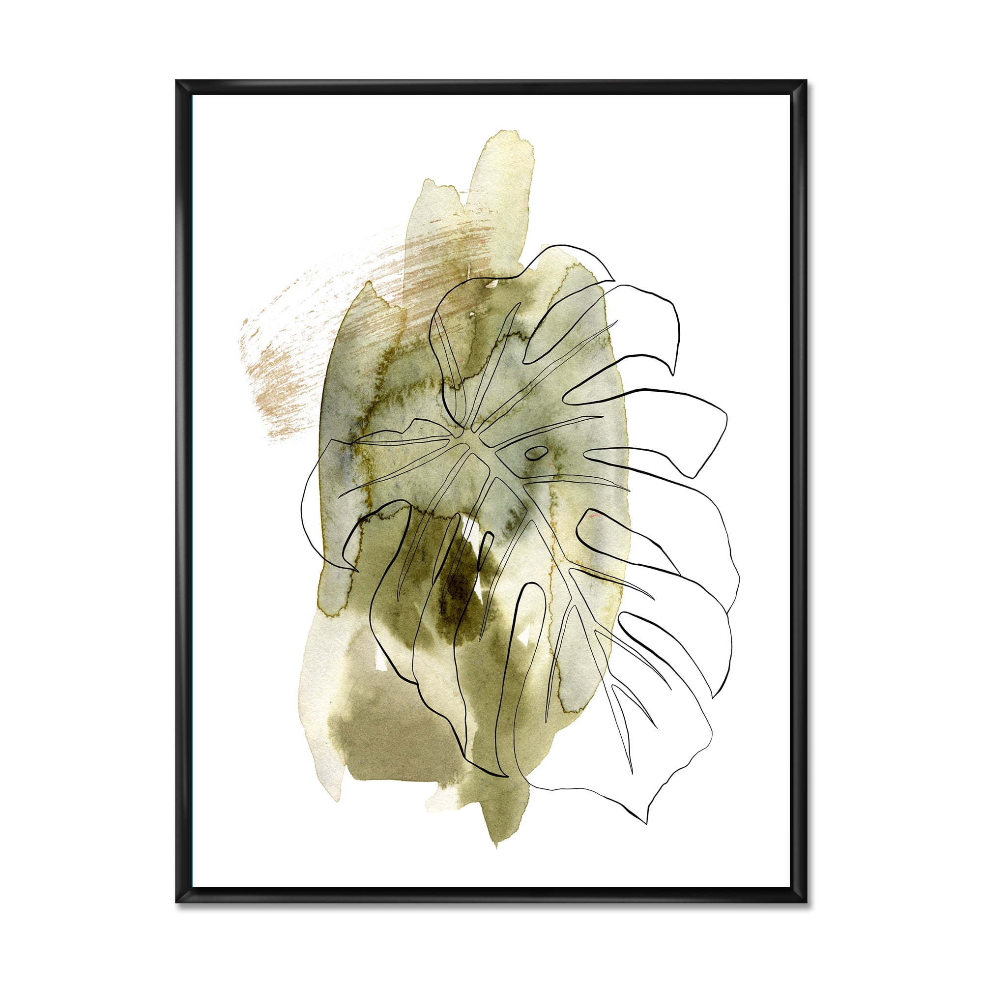 Designart 'Line Art Monstera Branch Tropical Abstract Leaves on Green' Traditional Framed Canvas Wall Art Print