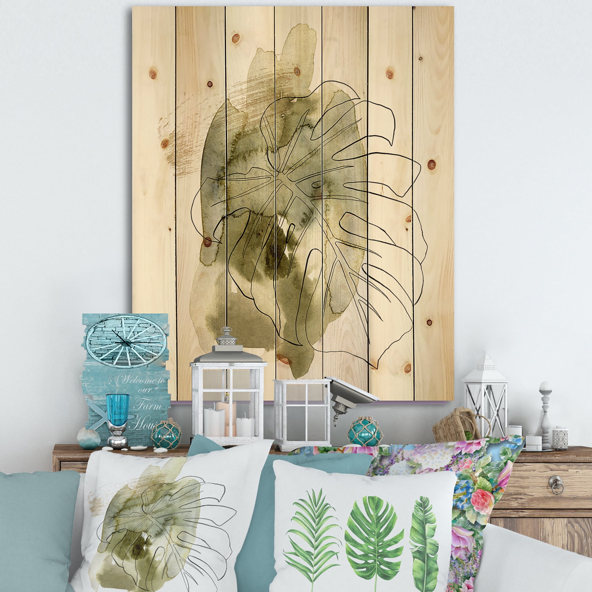 Designart 'Line Art Monstera Branch Tropical Abstract Leaves on Green' Traditional Print on Natural Pine Wood