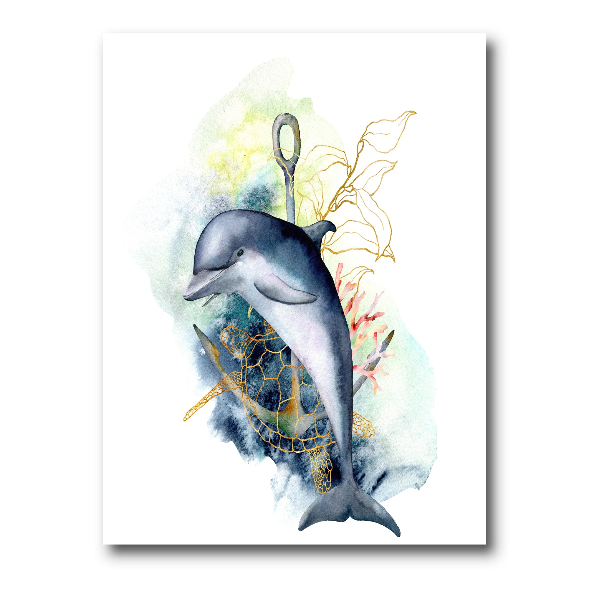 Designart ' Linear Coral Reef Plants and Dolphin Turtle Anchor ' Nautical & Coastal Canvas Wall Art Print