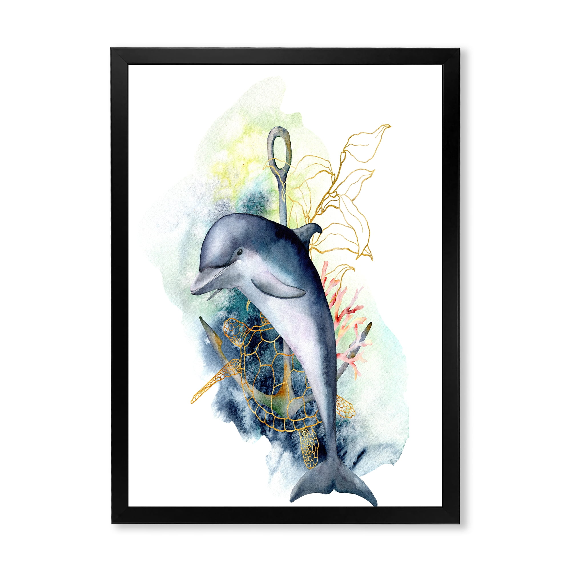 Designart 'Linear Coral Reef Plants and Dolphin Turtle Anchor' Nautical & Coastal Framed Art Print