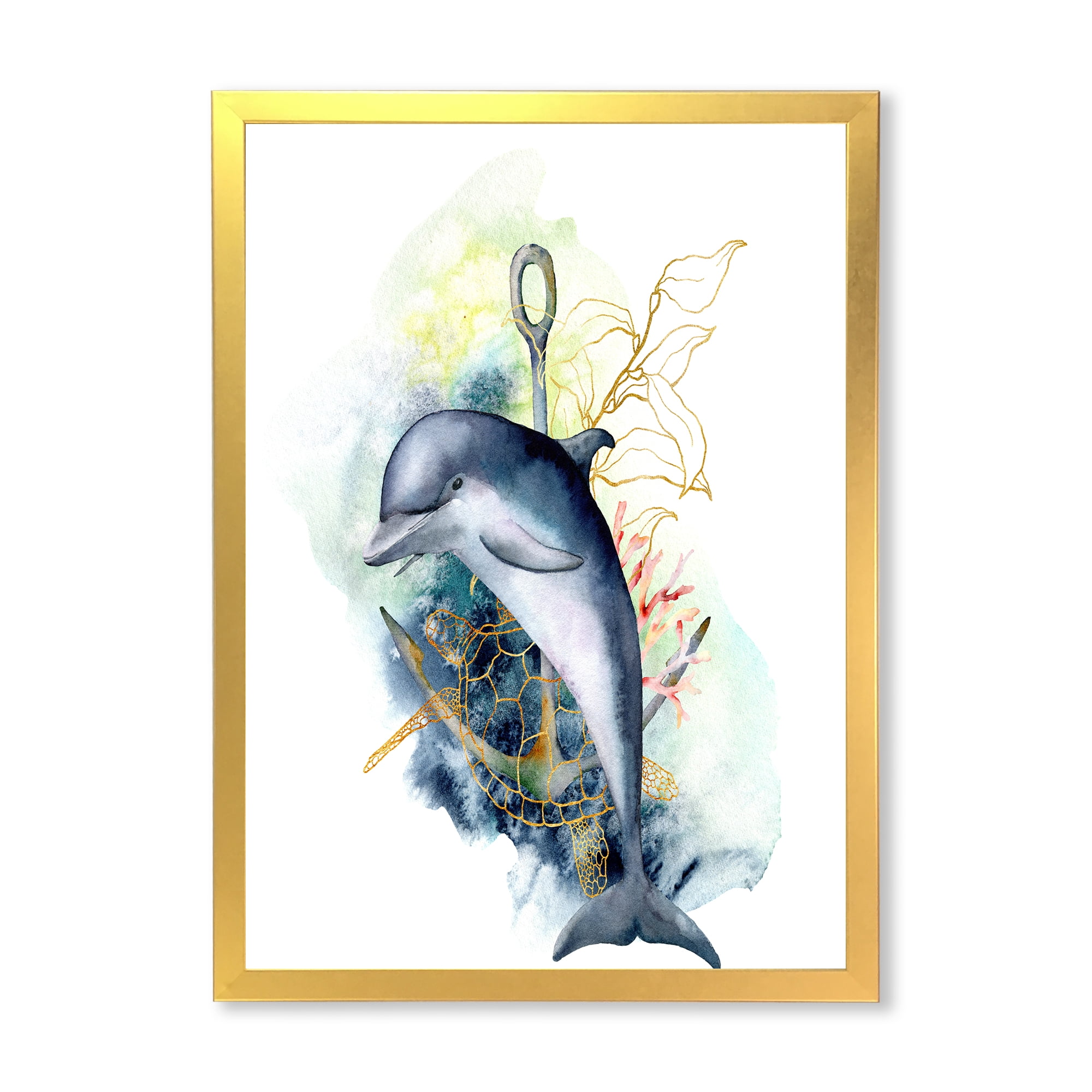 Designart 'Linear Coral Reef Plants and Dolphin Turtle Anchor' Nautical & Coastal Framed Art Print