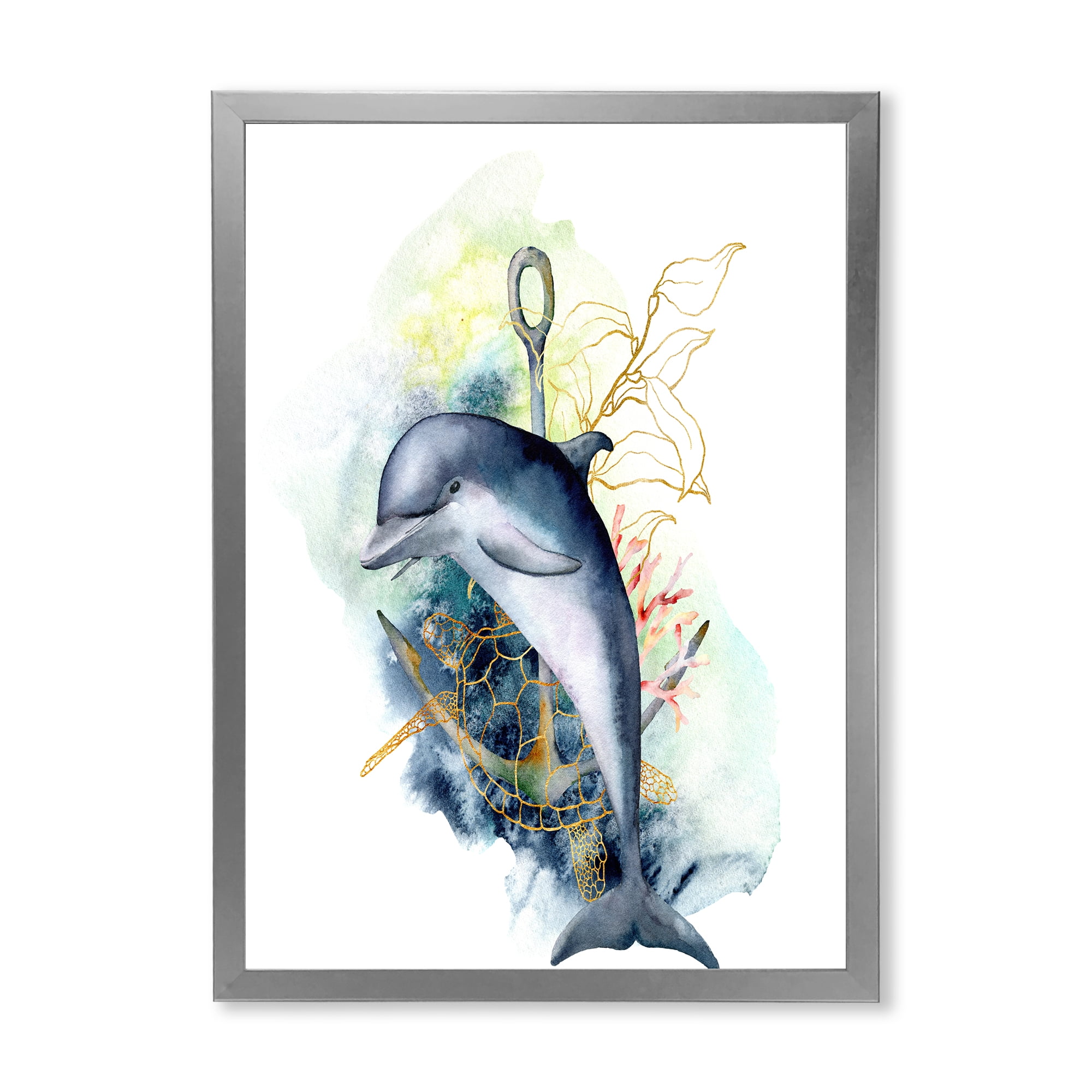 Designart 'Linear Coral Reef Plants and Dolphin Turtle Anchor' Nautical & Coastal Framed Art Print