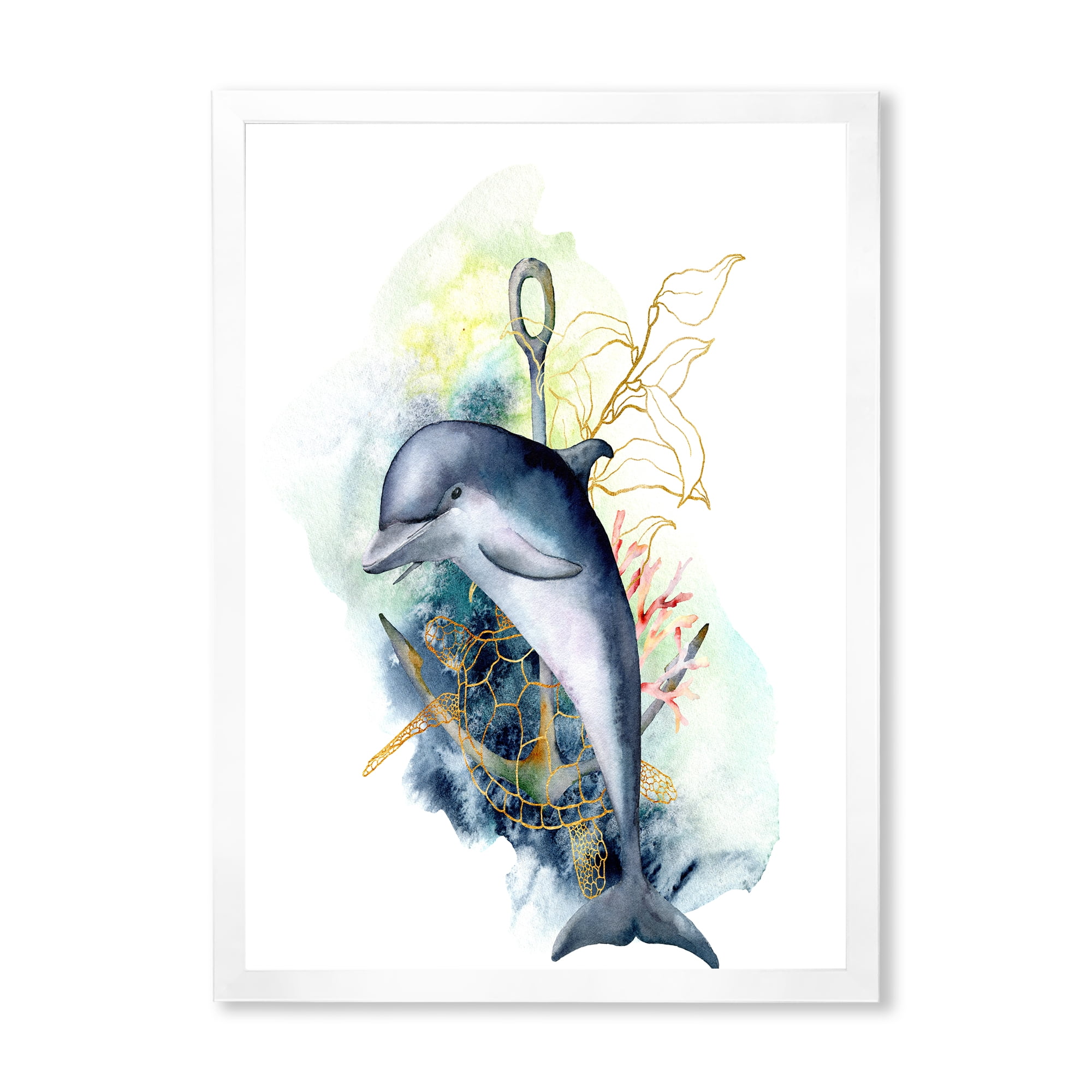 Designart 'Linear Coral Reef Plants and Dolphin Turtle Anchor' Nautical & Coastal Framed Art Print