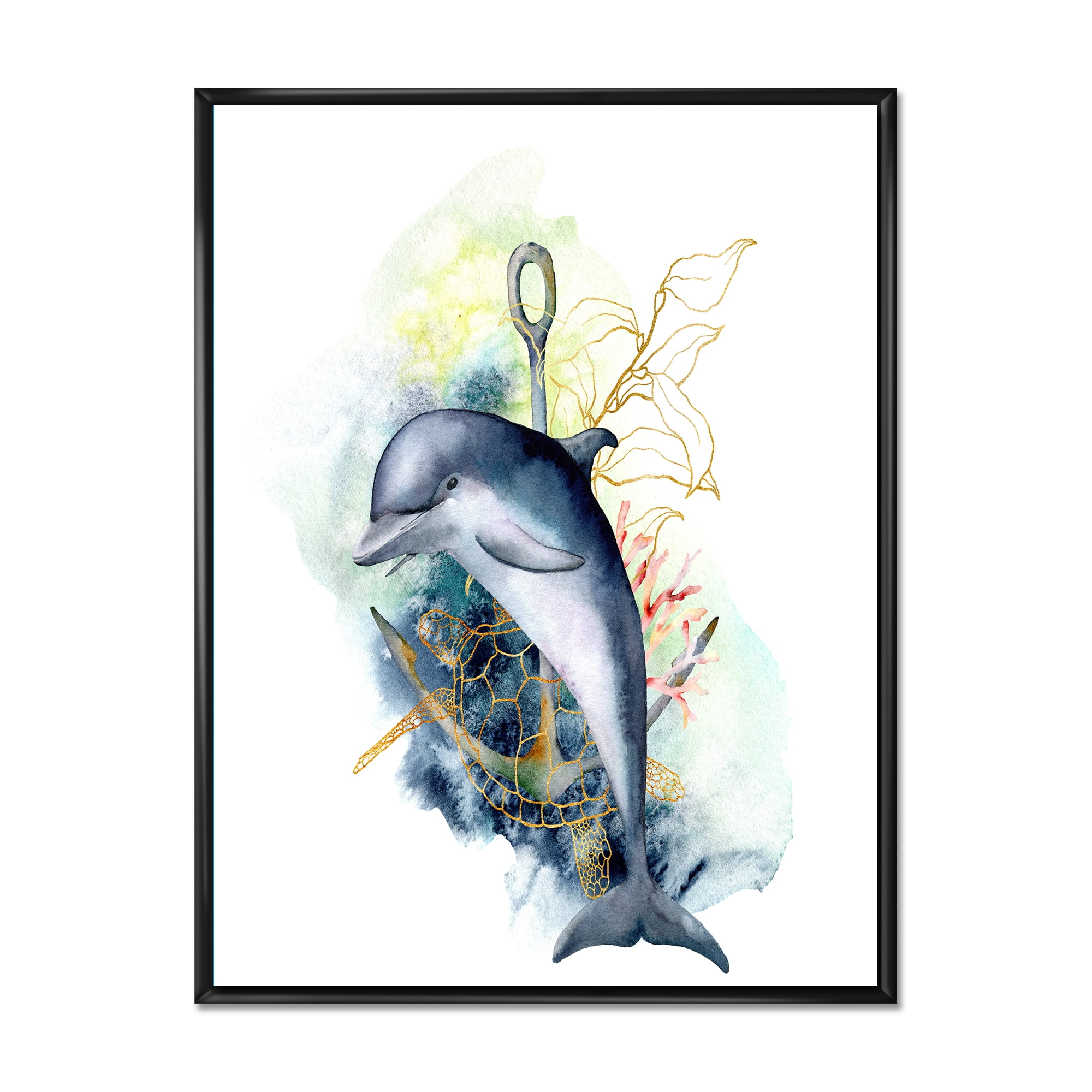 Designart 'Linear Coral Reef Plants and Dolphin Turtle Anchor' Nautical & Coastal Framed Canvas Wall Art Print