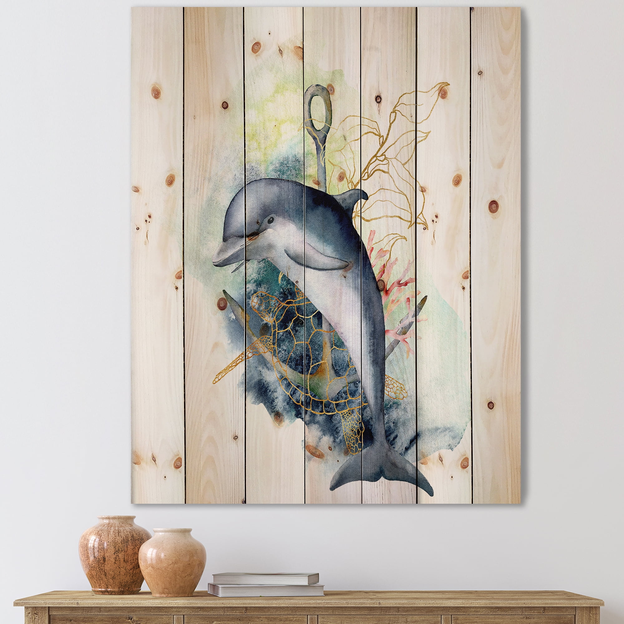 Designart 'Linear Coral Reef Plants and Dolphin Turtle Anchor' Nautical & Coastal Print on Natural Pine Wood
