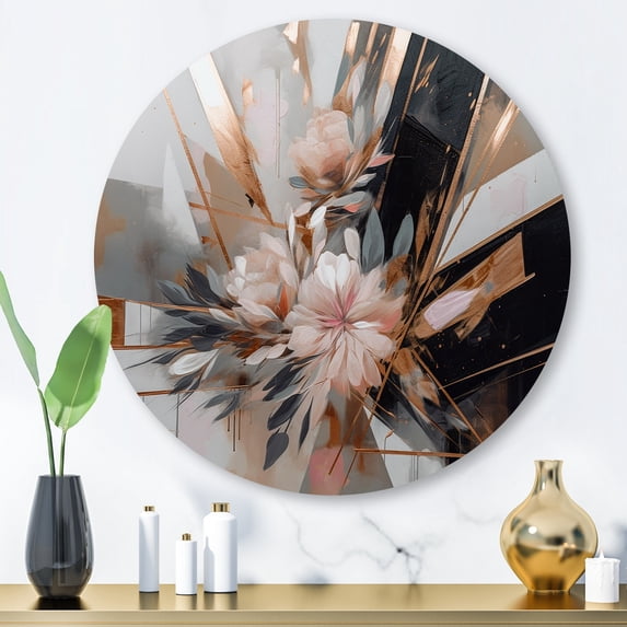 Designart "Linear Floral Elegance Rose Gold II" Floral Metal Round Art Print