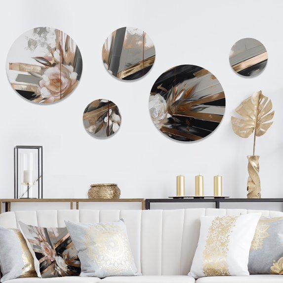 Designart "Linear Floral Elegance Rose Gold III" Floral Metal Wall Art Set of 5 Piece