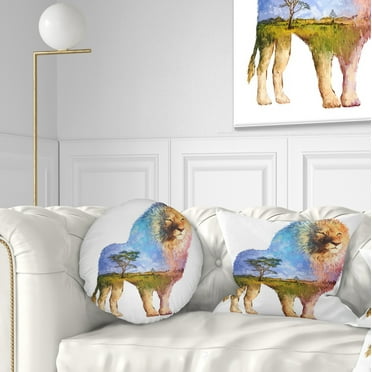 Designart Lion Double Exposure Illustration - Animal Throw Pillow - 12x20