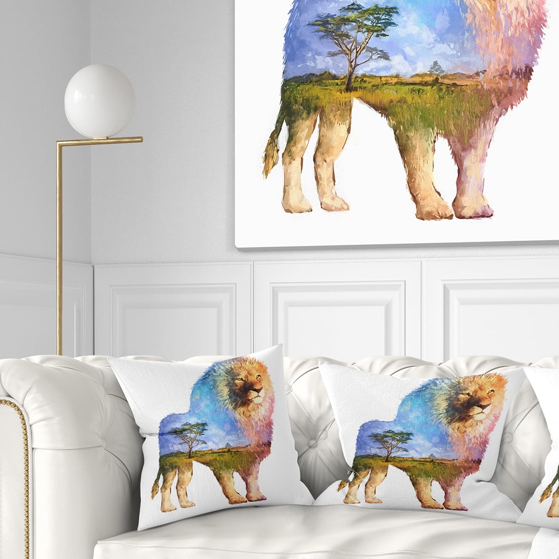 Designart Lion Double Exposure Illustration - Animal Throw Pillow - 16x16