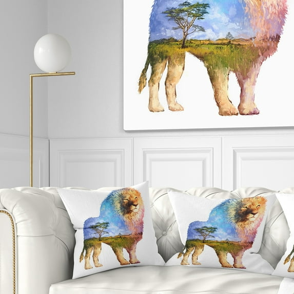 Designart Lion Double Exposure Illustration - Animal Throw Pillow - 18x18