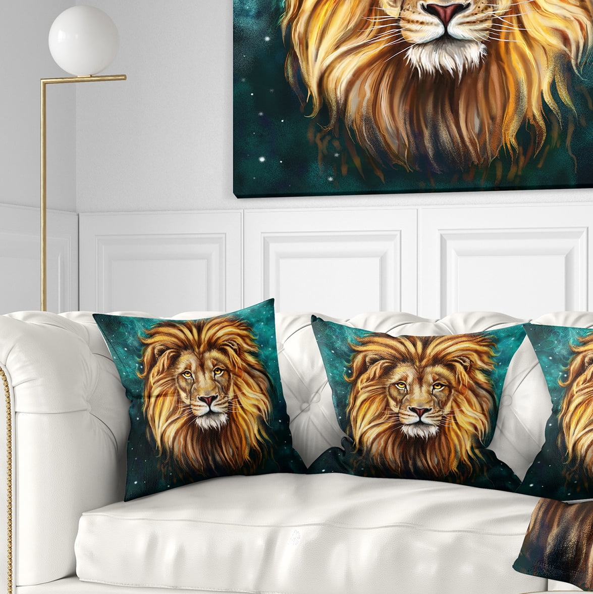 Designart Lion Head in Blue - Animal Throw Pillow - 16x16