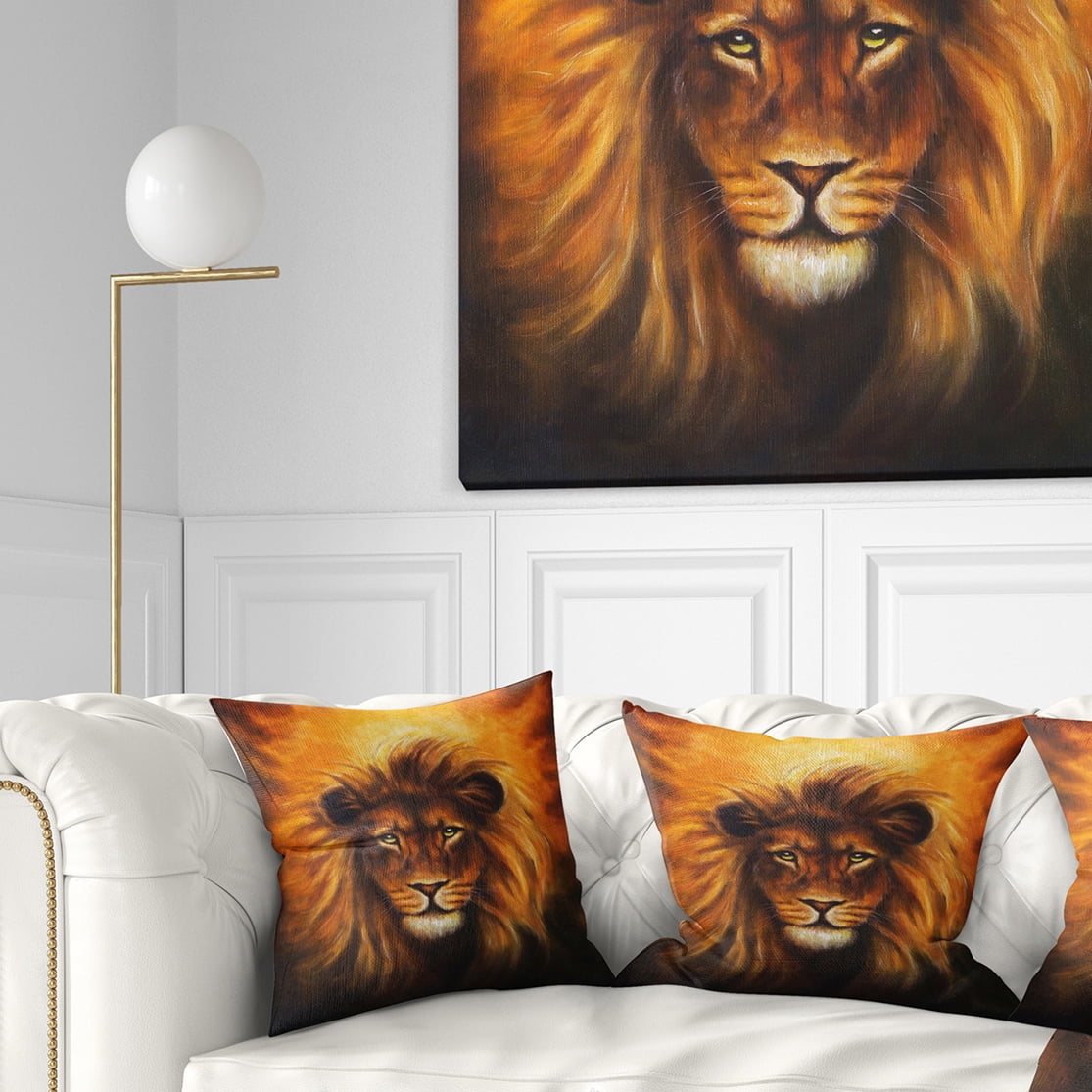 Designart Lion Head with Golden Mane - Animal Throw Pillow - 16x16
