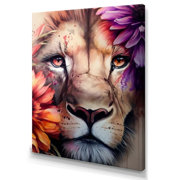 Designart Lion Portrait With Flowers I Canvas Wall Art