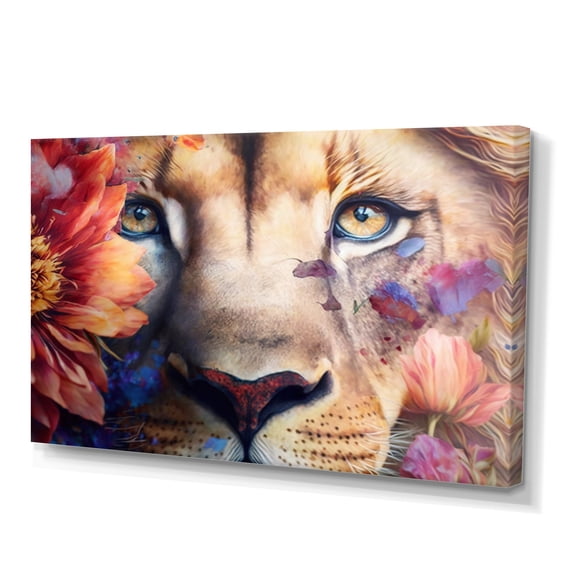 Designart Lion Portrait With Flowers II Canvas Wall Art