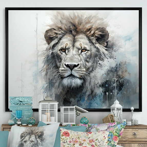 Designart "Lion'S Royal Presence In Grey And Blue Savannah" Animals Lion Floater Framed Wall Art Prints