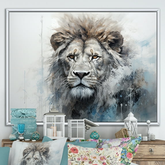 Designart "Lion'S Royal Presence In Grey And Blue Savannah" Animals Lion Floater Framed Wall Art Prints