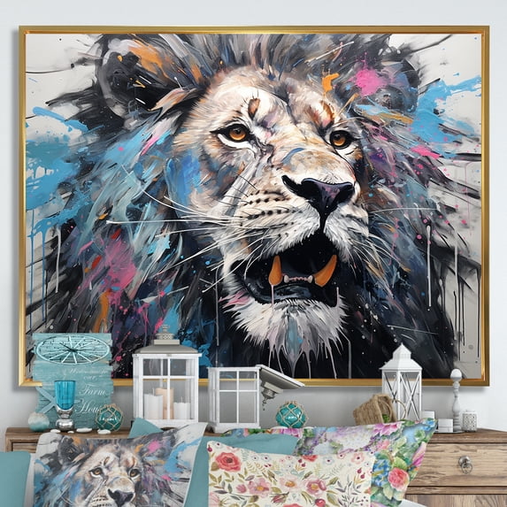 Designart "Lion'S Royal Presence In Grey And Blue Savannah I" Animals Lion Floater Framed Wall Art Living Room