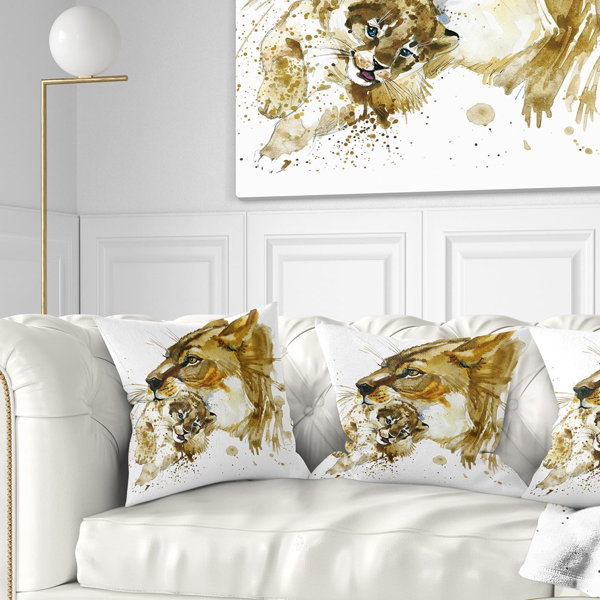 Designart Lioness and Cub Illustration - Animal Throw Pillow - 18x18