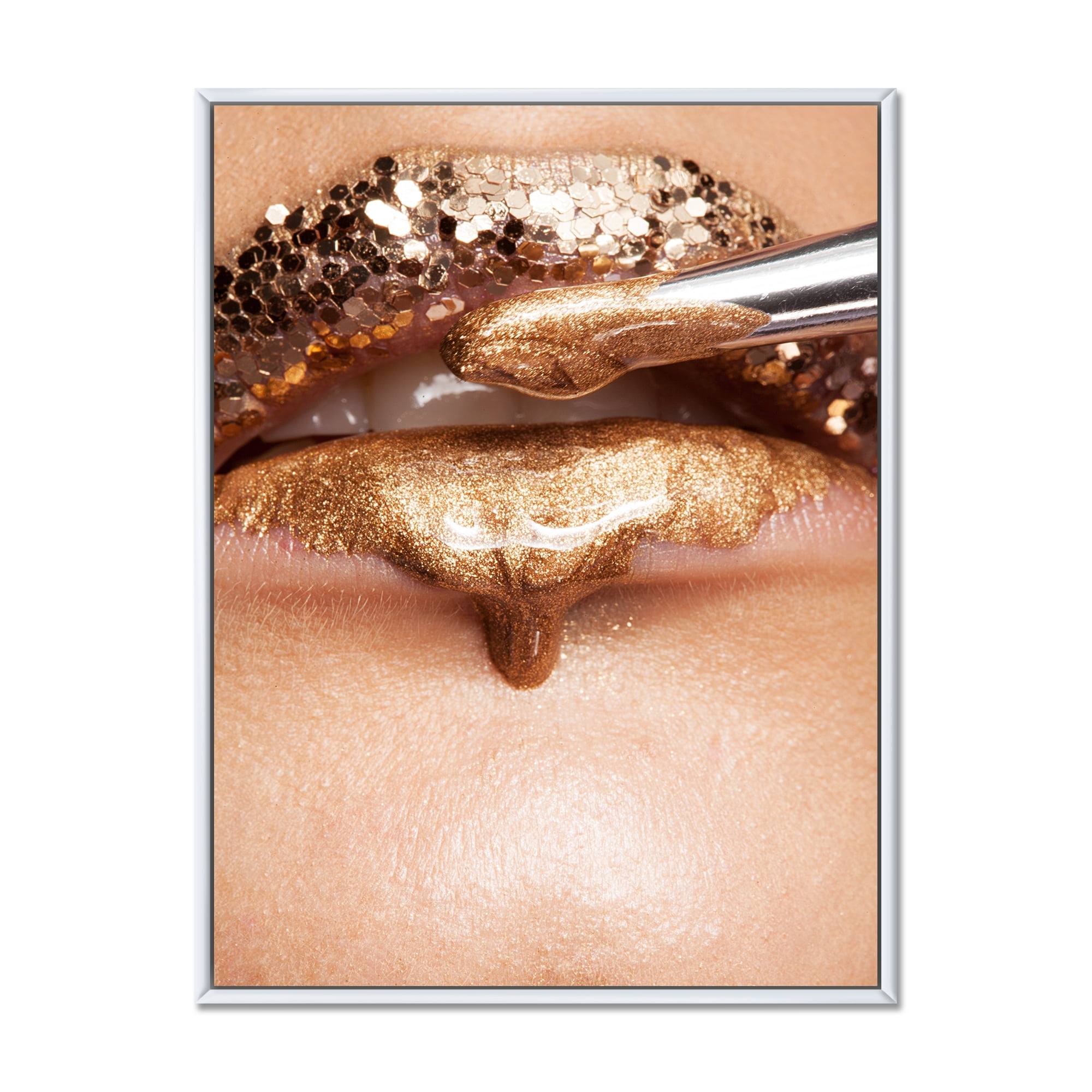 Designart 'Lipstick and Makeup On The Face Of A Beautiful Model' Modern Framed Canvas Wall Art Print