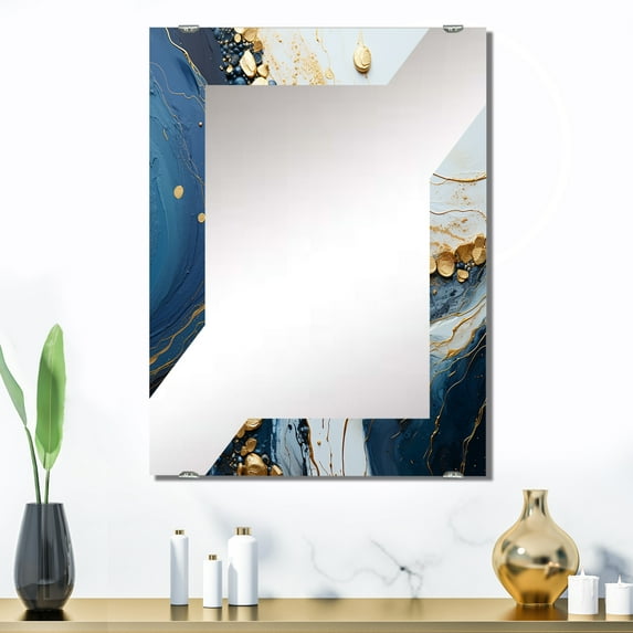 Designart "Liquid Art of Gold and Blue Geode II" Abstract Liquid Ink Oversized Wall Mirror - Modern Abstract Bathroom Decorative Wall Mirror - Multiple Color Options