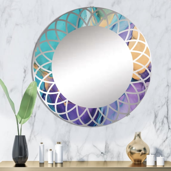 Designart "Liquid Art in Turquoise and Purple I" Fractals Round Wall Mirror - Modern Oval Printed Decorative Oversized Mirror - Multiple Color Options