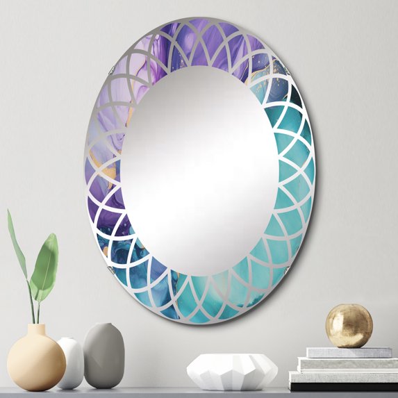 Designart "Liquid Art in Turquoise and Purple III" Fractals Round Wall Mirror - Modern Oval Printed Decorative Oversized Mirror - Multiple Color Options