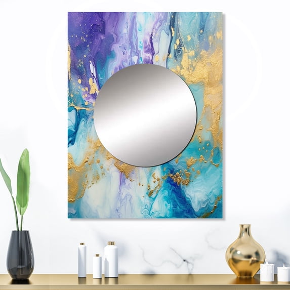 Designart "Liquid Art in Turquoise and Purple IV" Fractals Mirror Wall Decor - Modern Turquoise Abstract Mirror Wall Art For Entryway - 32" x 24" Inch