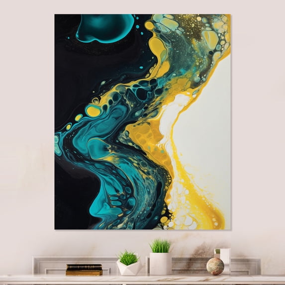 Designart "Liquid Dreams in Teal and Yellow III" Abstract Shapes Metal Art Print