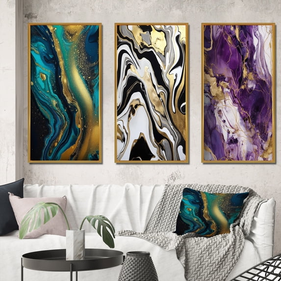 Designart "Liquid Gold and Turquoise Dreams Marble Art" Abstract Painting Framed Wall Art Set Of 3 - Gold Modern Frame Canvas Set For Living Room Decor