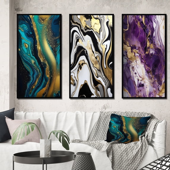 Designart "Liquid Gold and Turquoise Dreams Marble Art" Abstract Painting Framed Wall Art Set Of 3 - Gold Modern Frame Canvas Set For Living Room Decor