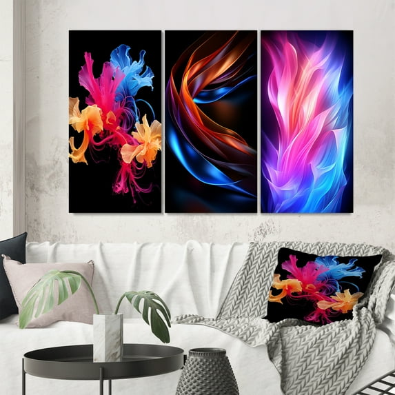 Designart "Liquid Ink Abstraction in Pink, Blue, and Orange" Abstract Liquid Ink Wall Art Set Of 3 - Modern Blue Gallery Wall Set For Home Decor