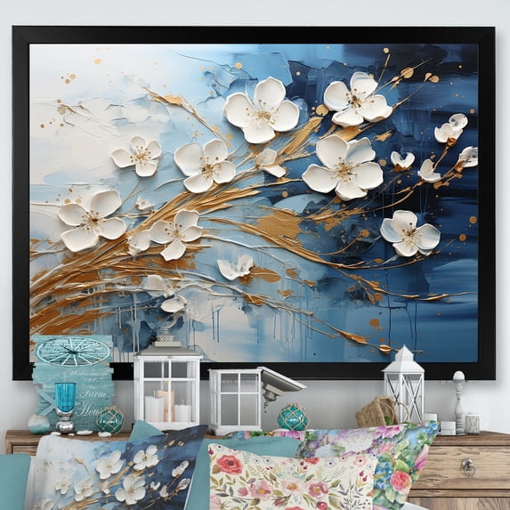 Designart "Liquid Ink Blossoms White and Blue I" Floral Framed Wall Art Decor - Traditional White Flowers Entryway Framed Wall Art