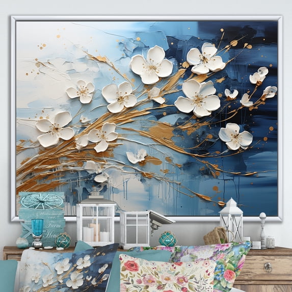 Designart "Liquid Ink Blossoms White and Blue I" Floral Framed Wall Art - Traditional White Flowers Entryway Framed Wall Art Print