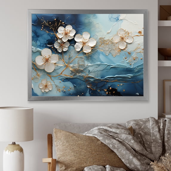 Designart "Liquid Ink Blossoms White and Blue II" Floral Framed Wall Art Decor - Traditional White Flowers Entryway Framed Wall Art Print