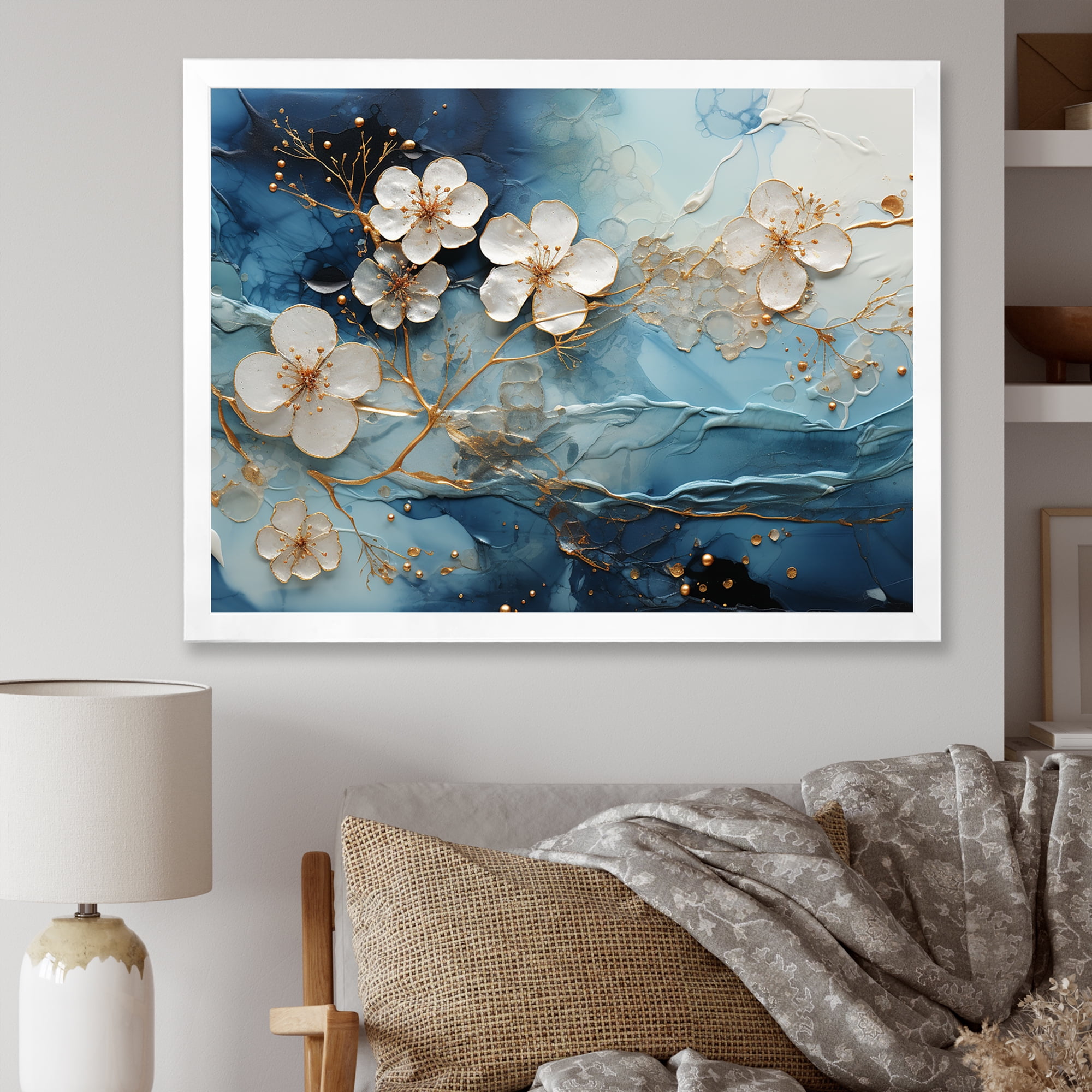 Designart "Liquid Ink Blossoms White and Blue II" Floral Framed Wall