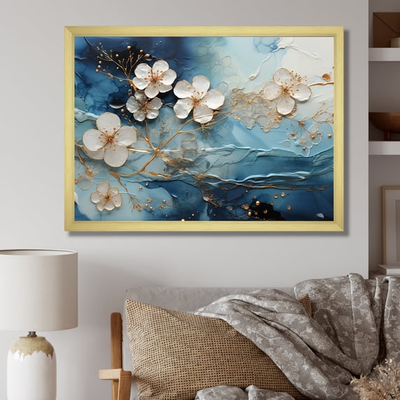 Designart "Liquid Ink Blossoms White and Blue II" Floral Framed Wall Art Decor - Traditional White Flowers Entryway Framed Wall Art Print