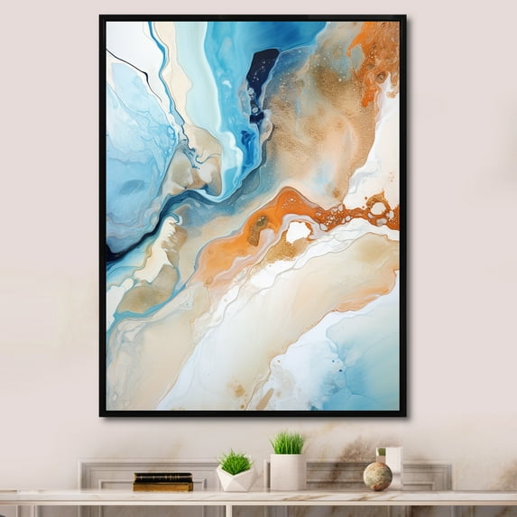 Designart "Liquid Ink: Blue And White Geyser IV" Abstract Shapes Floater Framed Canvas Prints