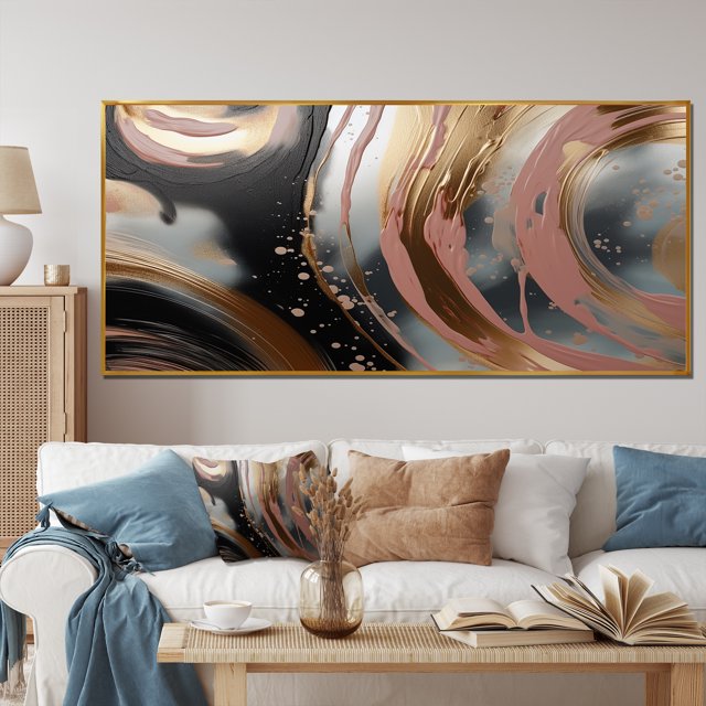 Designart "Liquid Ink Circles in Gold and Pink Abstract I" Extra Large
