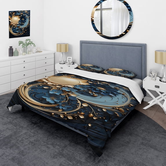 Designart "Liquid Ink VORTEX V" Abstract Bedding Covert Set - Abstract Spirals Teal Modern Bed Set With 2 Shams