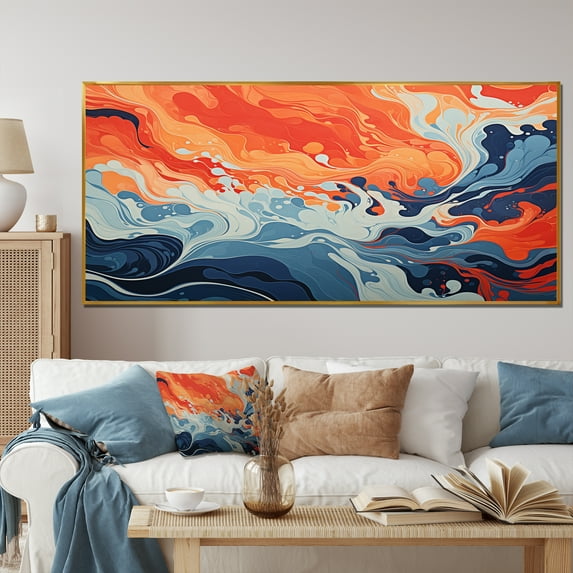 Designart "Liquid Ink Waves Blue and Orange Fusion I" Oversized Abstract Framed Wall Art - Modern Blue Abstract Liquid Ink Bedroom Framed Canvas Wall Art