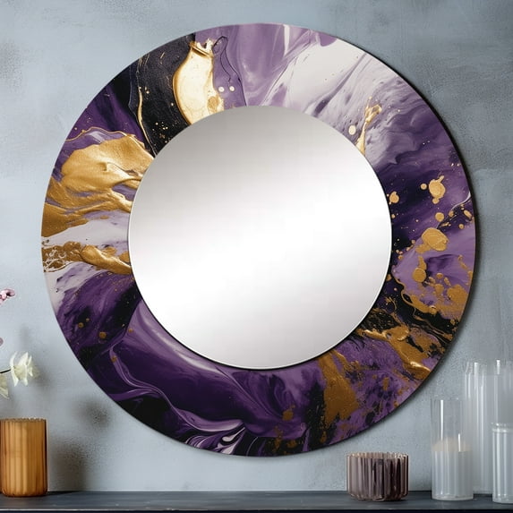 Designart "Liquid Magic in Purple and Gold II" Abstract Rund Mirror For Wall Decor - Large Purple Round Printed Mirror - Glam Round Mirror 29" x 29" Inch