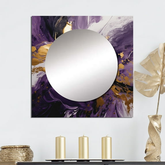 Designart "Liquid Magic in Purple and Gold II" Abstract Square Mirror For Wall Decor - Large Purple Square Printed Wall Mirror Art - Square Transitional Mirror - Wall Mounted Square Large Mirror