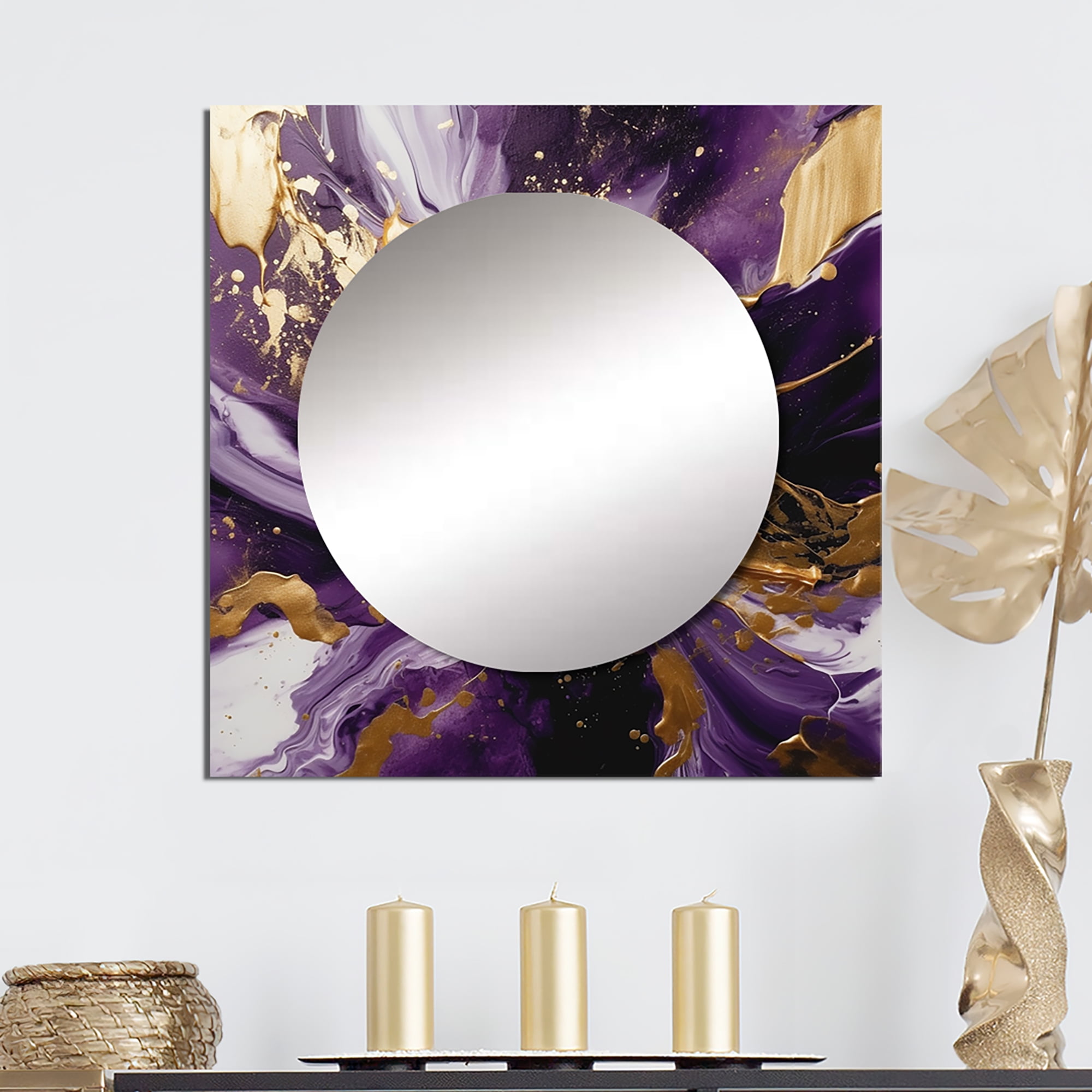 Designart "Liquid Magic in Purple and Gold III" Abstract Square Mirror