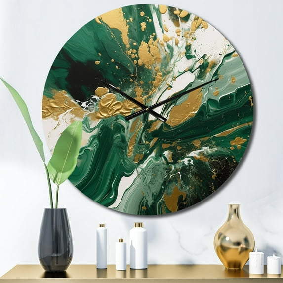 Designart "Liquid Magic in Green and Gold I" Abstract Oversized Wall Clock